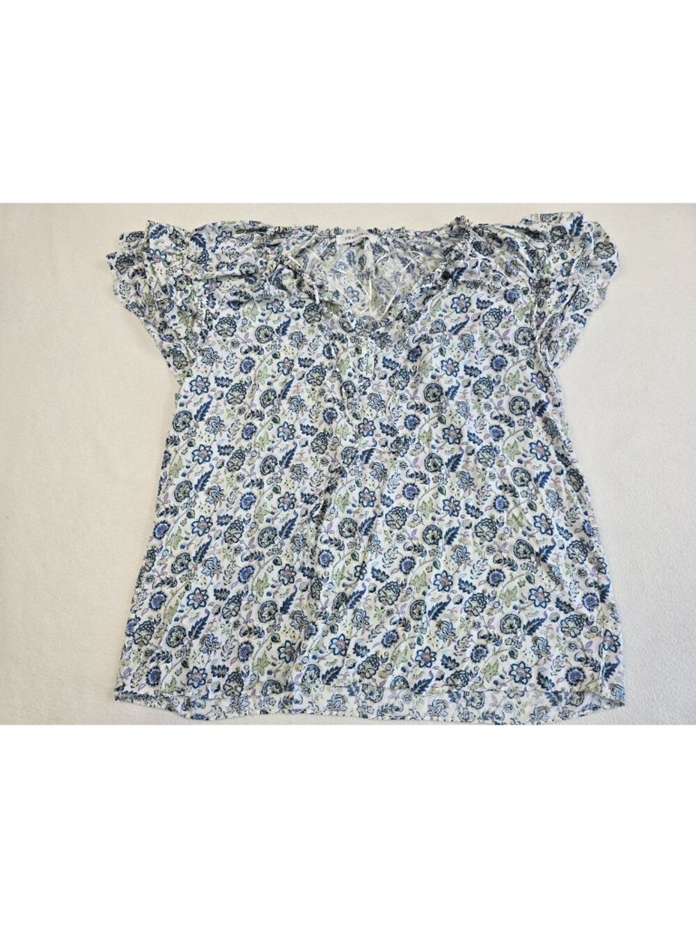 Rose + Olive Womens Floral Blouse 2X Blue Green Print Short Flutter Sleeve Boho